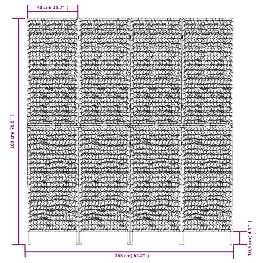 4-Panel Black Room Divider 163x180cm Water Hyacinth Screen