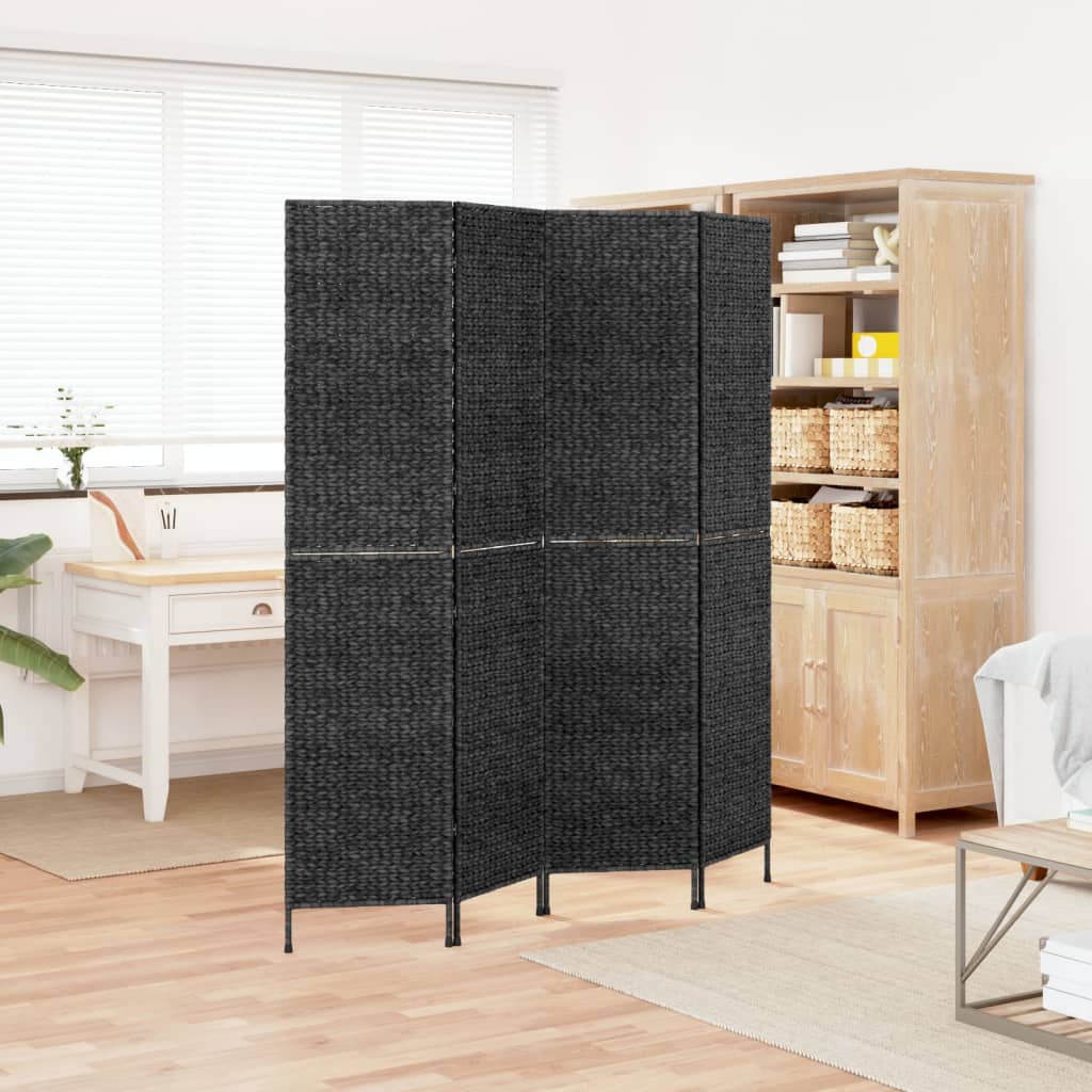 4-Panel Black Room Divider 163x180cm Water Hyacinth Screen