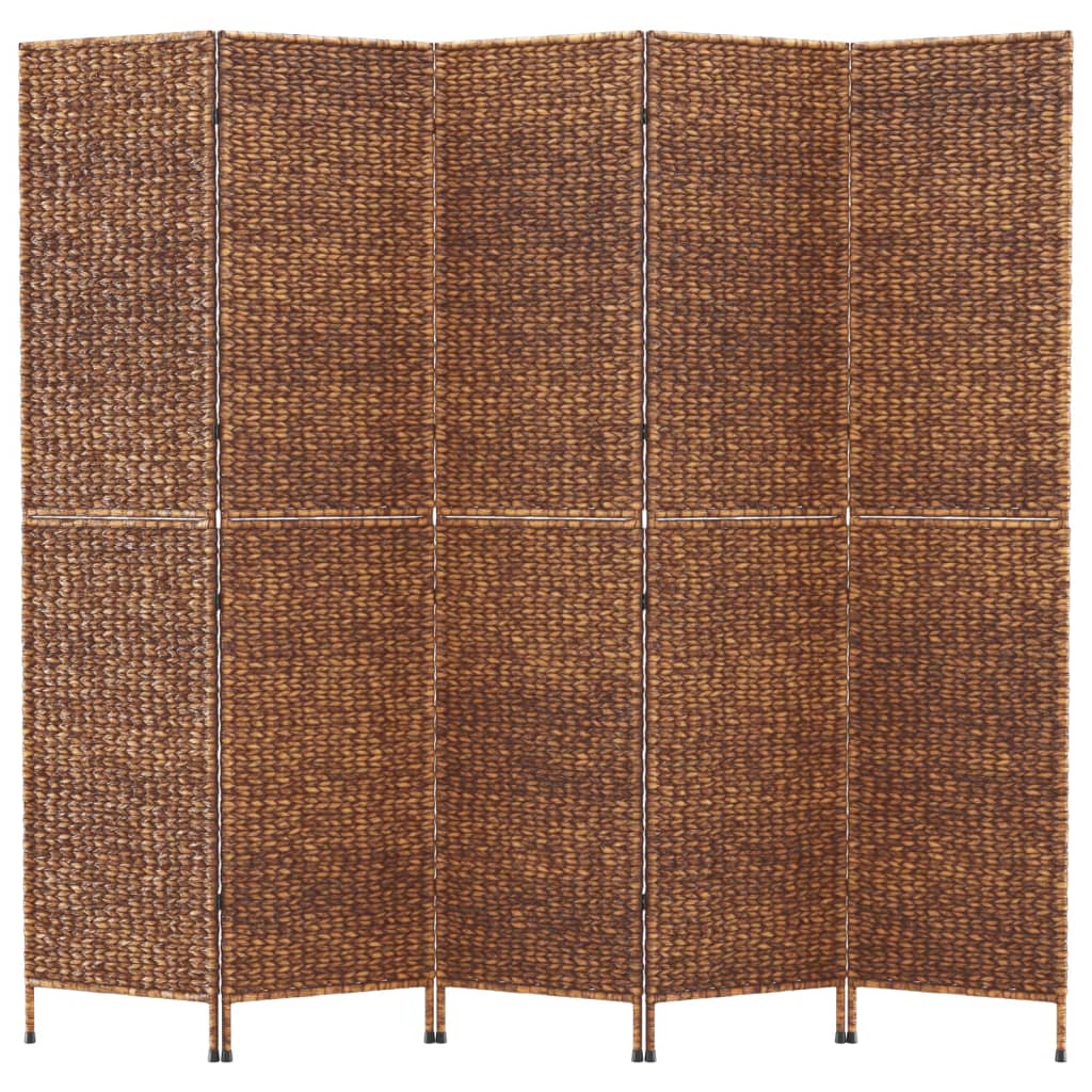 5-Panel Brown Room Divider 205x180 cm - Water Hyacinth Elegance