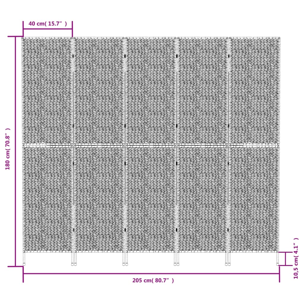 5-Panel Brown Room Divider 205x180 cm - Water Hyacinth Elegance