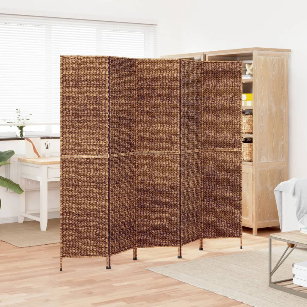 5-Panel Brown Room Divider 205x180 cm - Water Hyacinth Elegance
