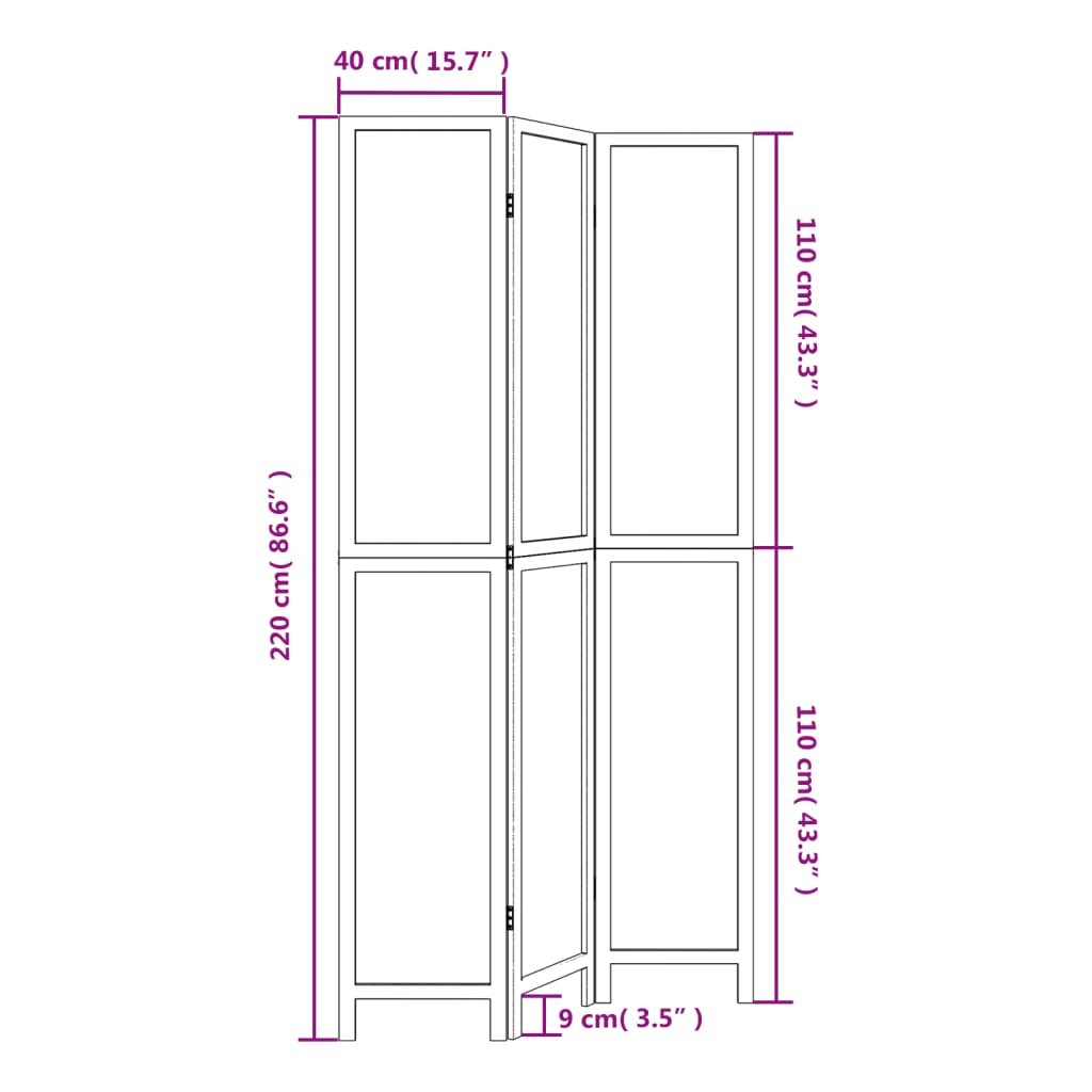 Dark Brown Solid Wood Paulownia 3-Panel Room Divider