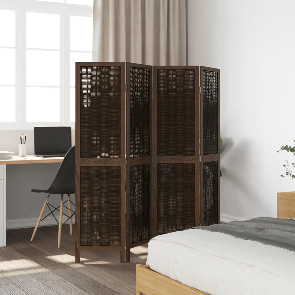 4-Panel Dark Brown Room Divider in Solid Paulownia Wood