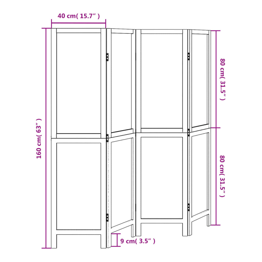 4-Panel Dark Brown Room Divider in Solid Paulownia Wood