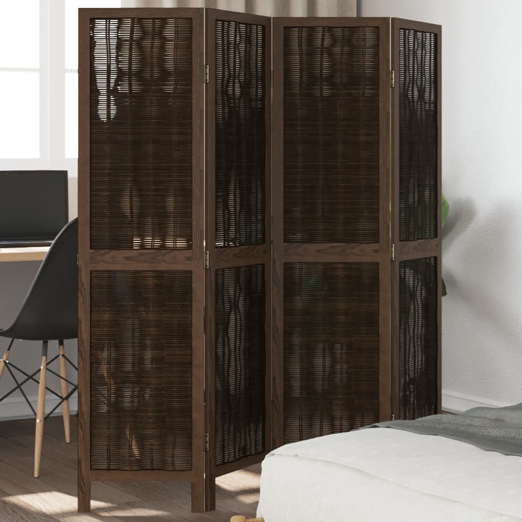 4-Panel Dark Brown Room Divider in Solid Paulownia Wood