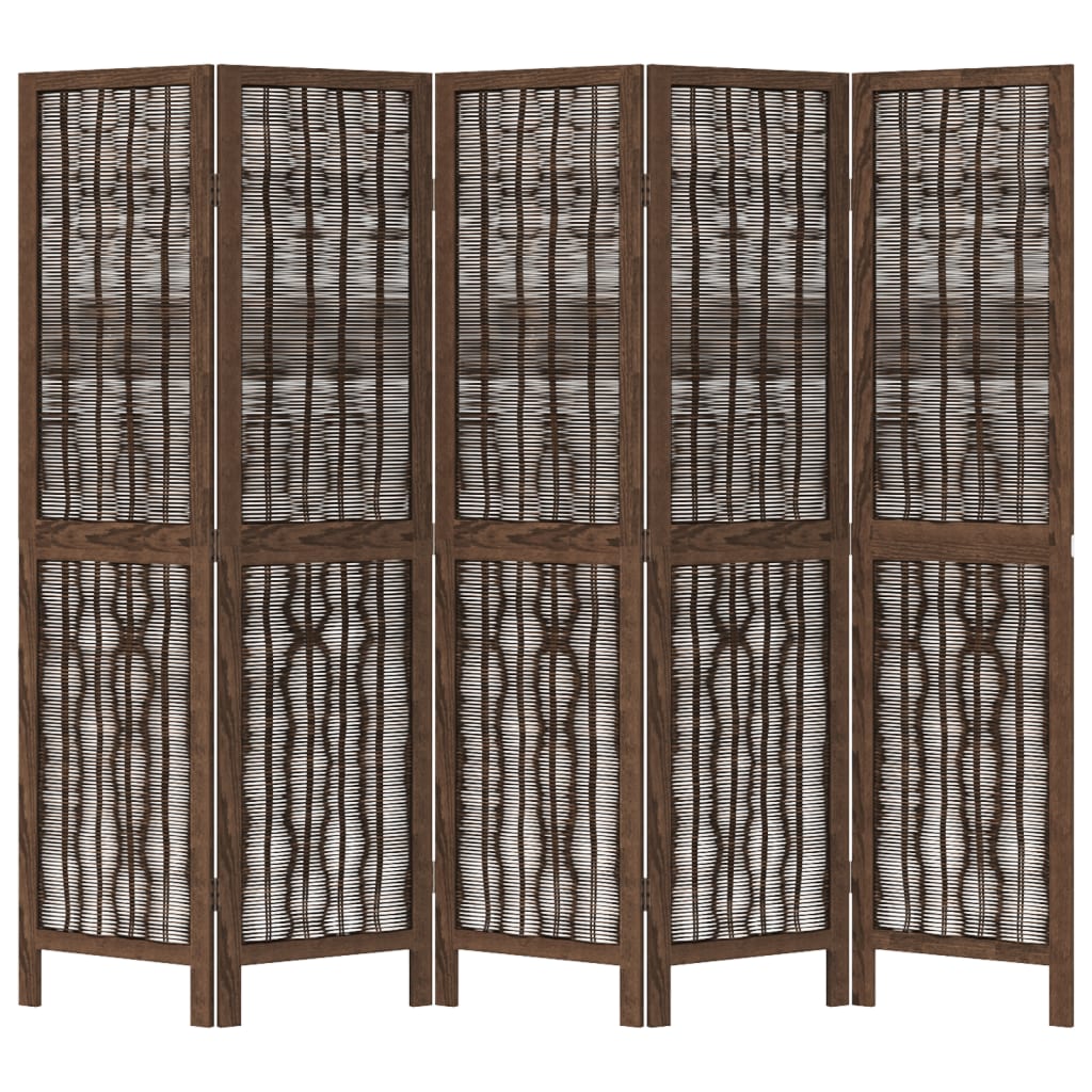 5-Panel Room Divider, Solid Wood Paulownia, Dark Brown Finish