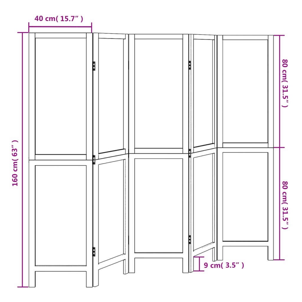 5-Panel Room Divider, Solid Wood Paulownia, Dark Brown Finish