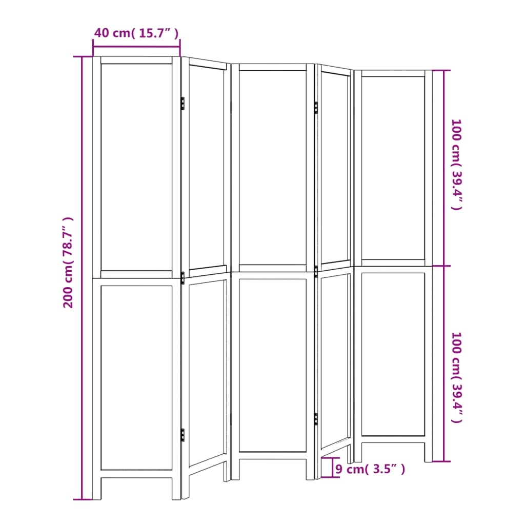 5-Panel Room Divider, Solid Paulownia Wood, Dark Brown Finish