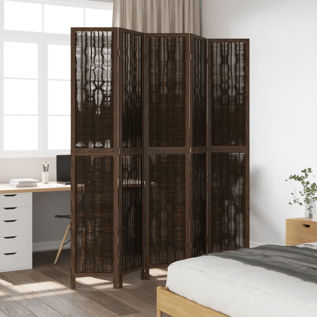 5-Panel Dark Brown Room Divider, Solid Paulownia Wood