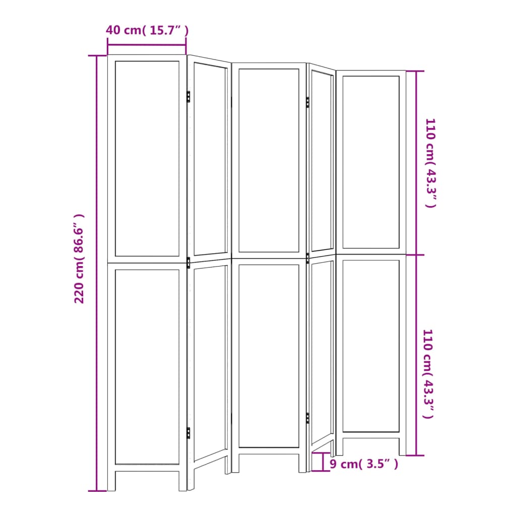 5-Panel Dark Brown Room Divider, Solid Paulownia Wood