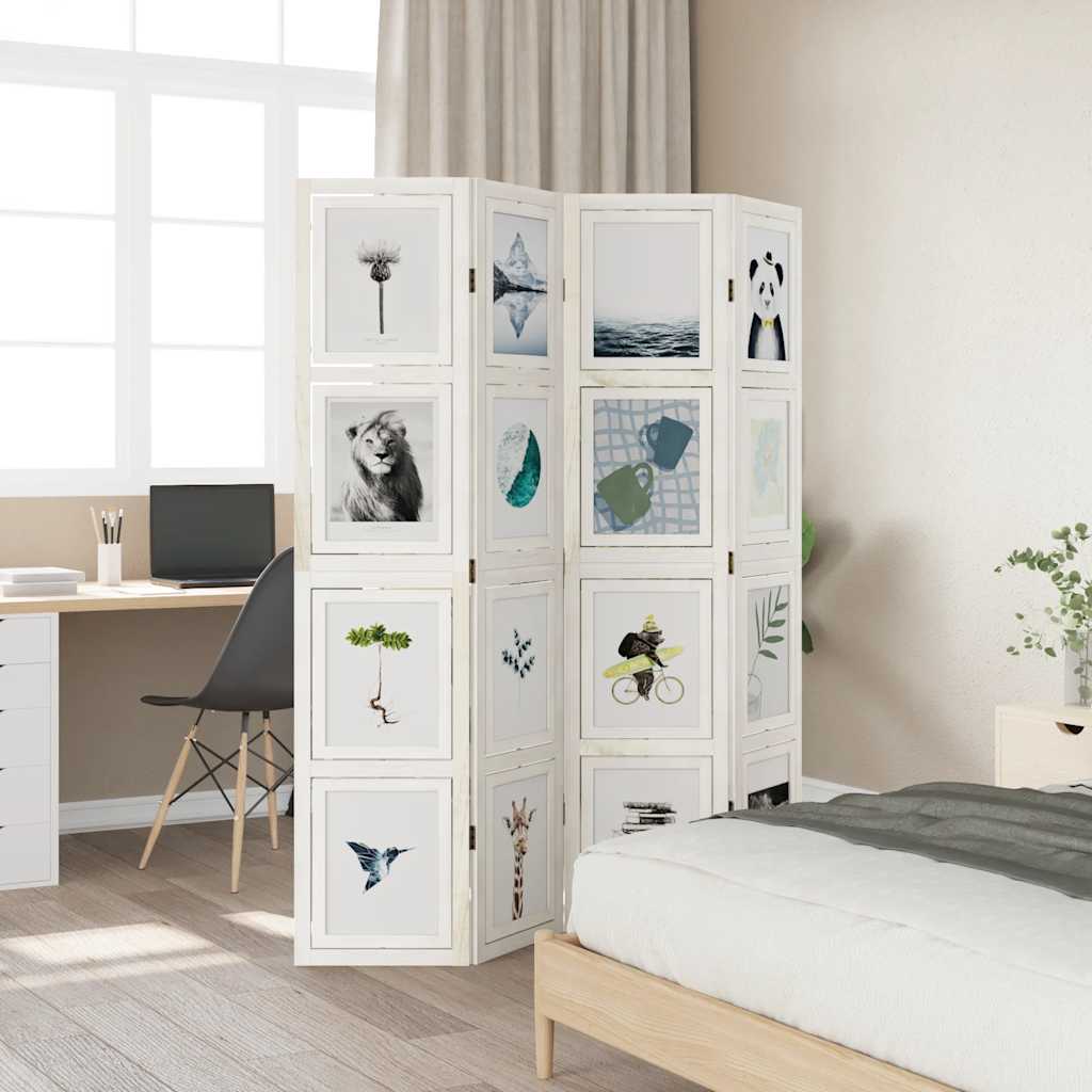 White Solid Wood 4-Panel Room Divider - Paulownia Privacy Screen