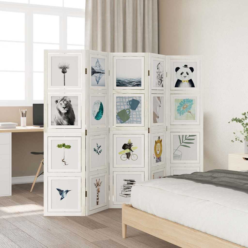 White Solid Wood Paulownia 5-Panel Room Divider