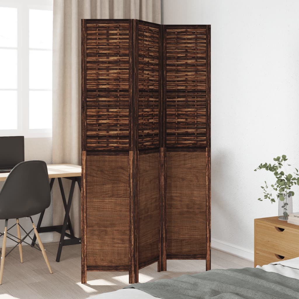 3-Panel Solid Wood Room Divider, Dark Brown Paulownia