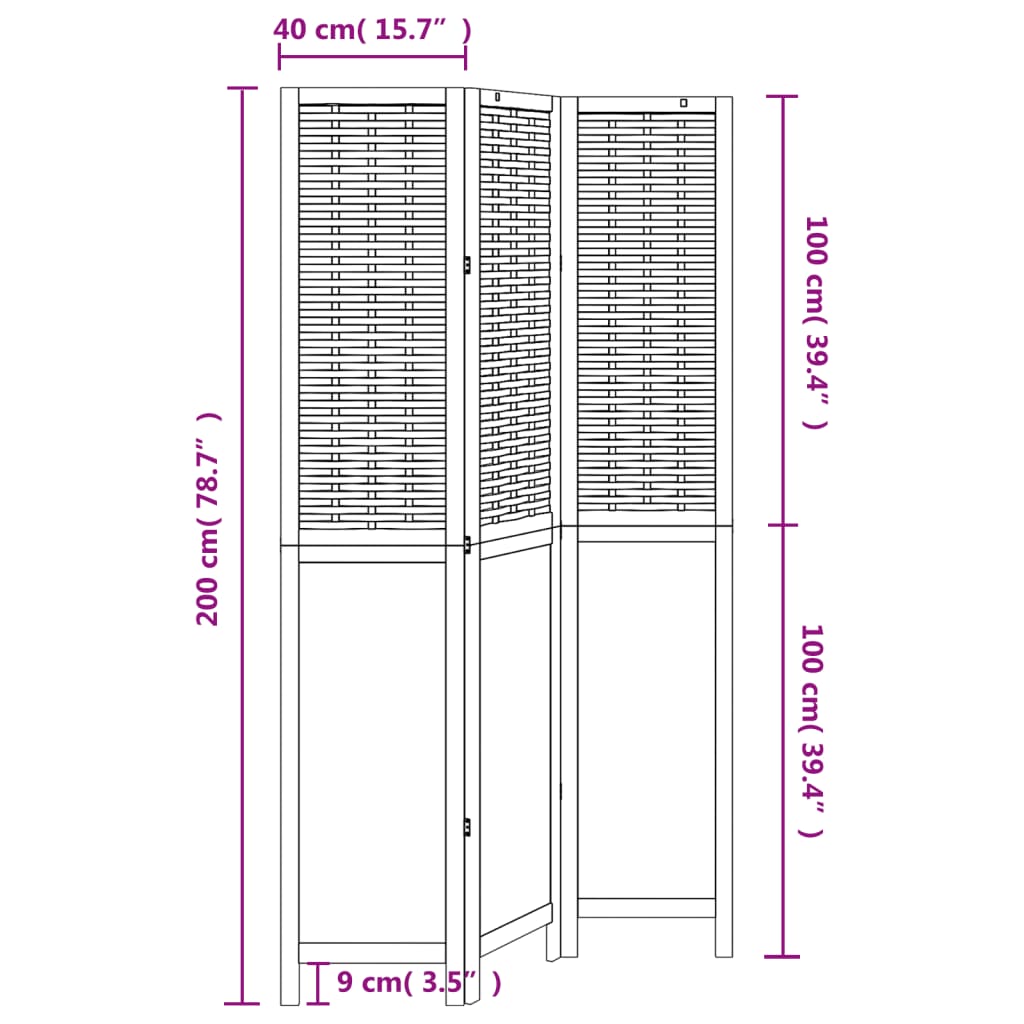 3-Panel Solid Wood Room Divider, Dark Brown Paulownia