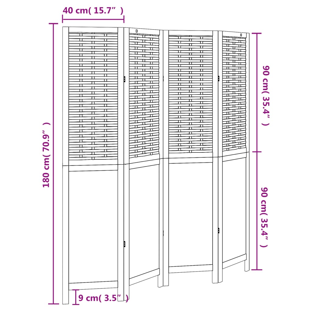 Solid Wood Room Divider - 4 Panel Dark Brown Paulownia Screen