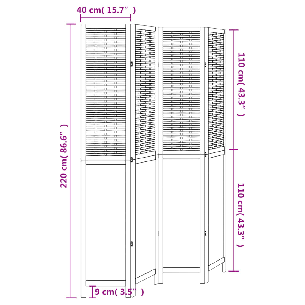 Solid Wood 4-Panel Room Divider in Dark Brown Paulownia Wood