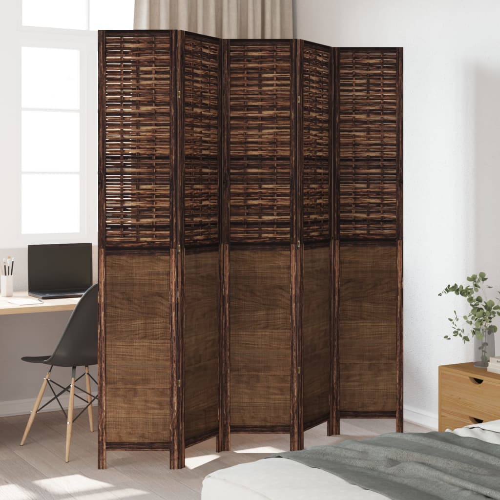 Dark Brown Solid Wood Room Divider – 5 Panels Paulownia Wood Elegance