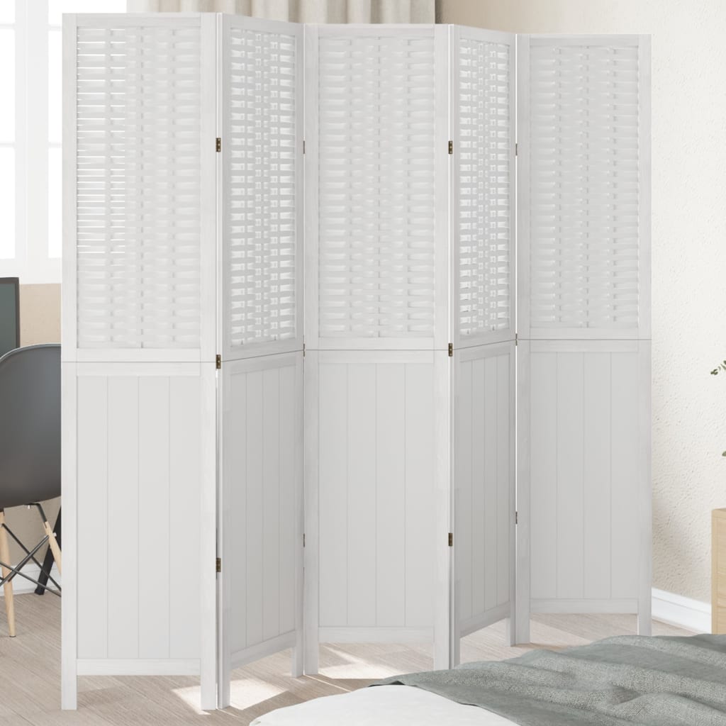 5-Panel Room Divider – Solid Paulownia Wood in White