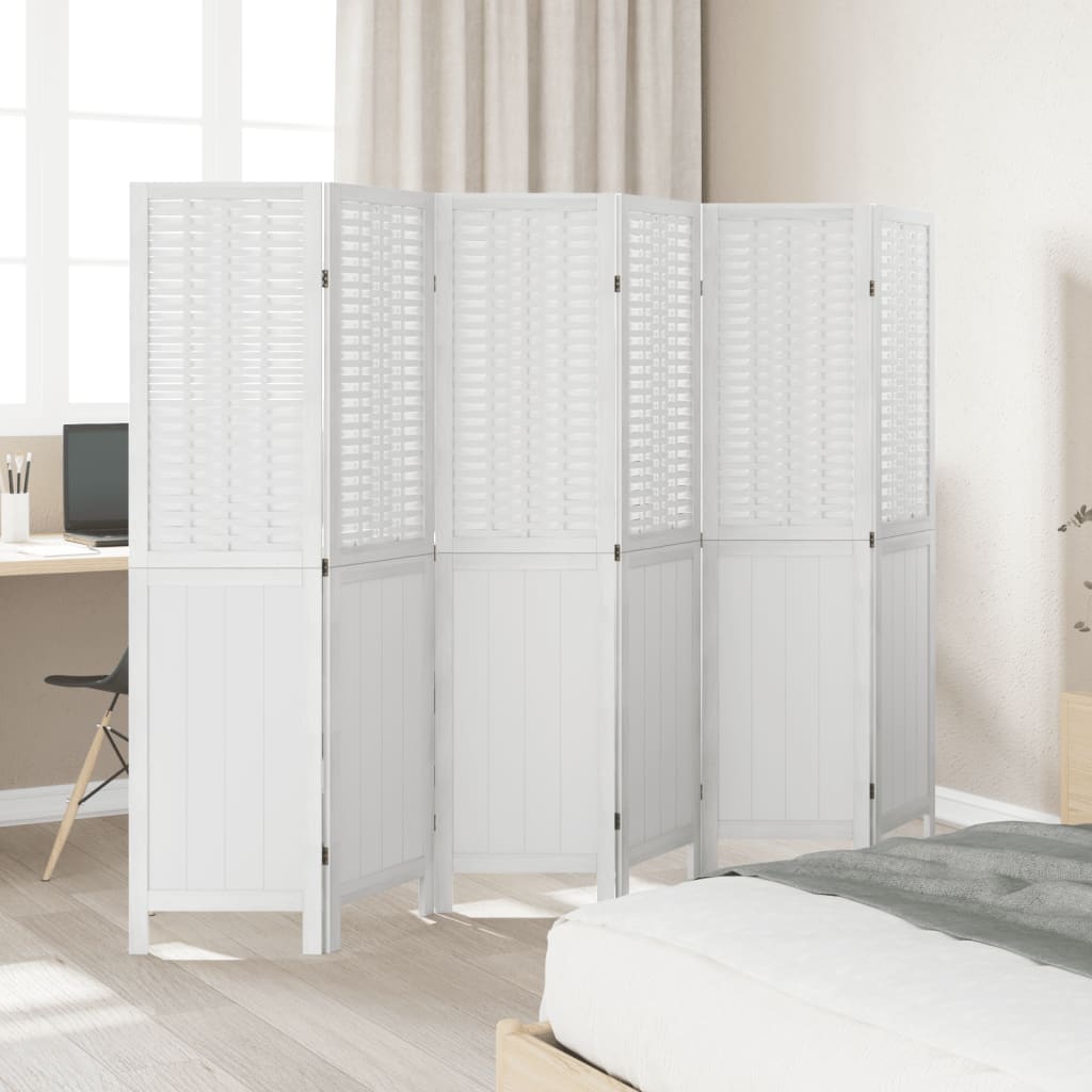 6-Panel Solid Wood Room Divider, White Paulownia Design
