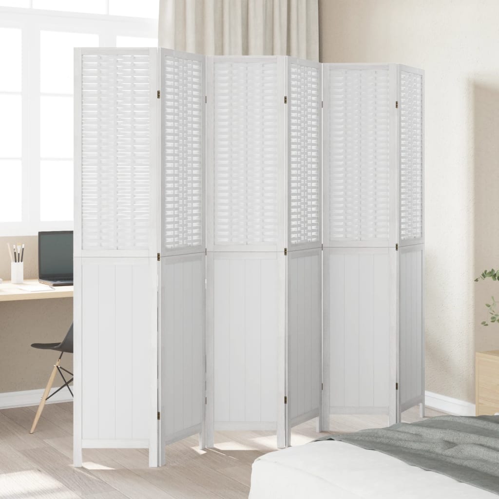 White Solid Wood Room Divider - 6 Panels, Paulownia Wood