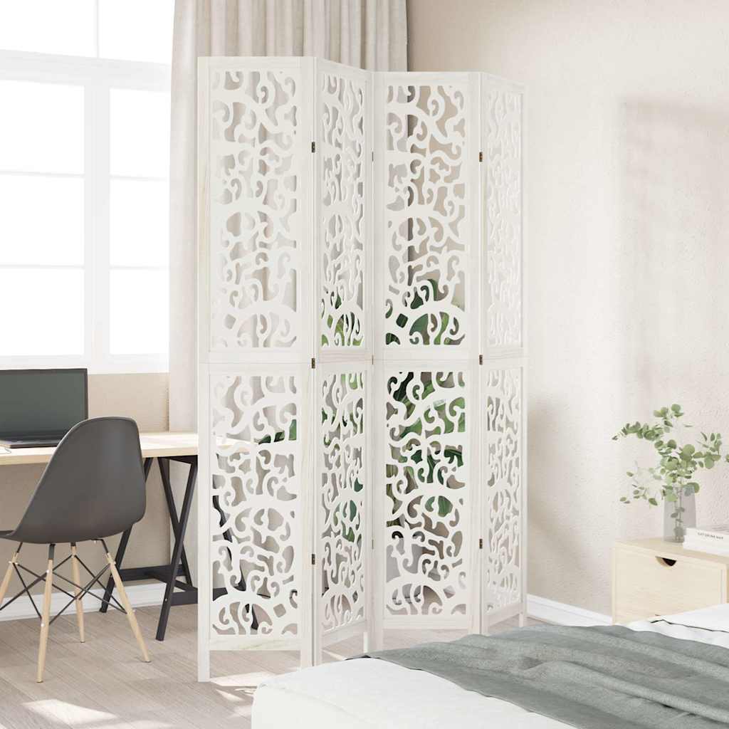 White Solid Wood Room Divider - 4 Panels in Paulownia