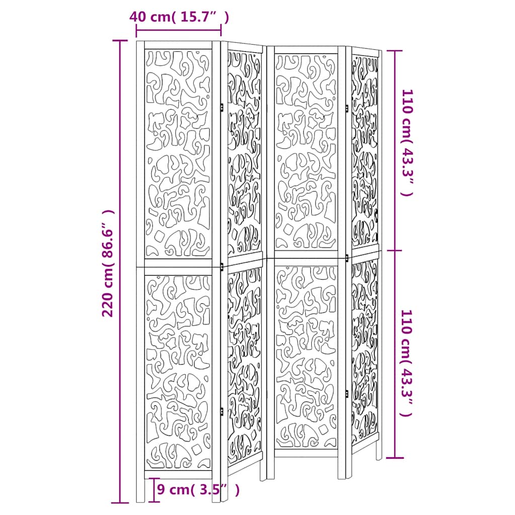 White Solid Wood Room Divider - 4 Panels in Paulownia
