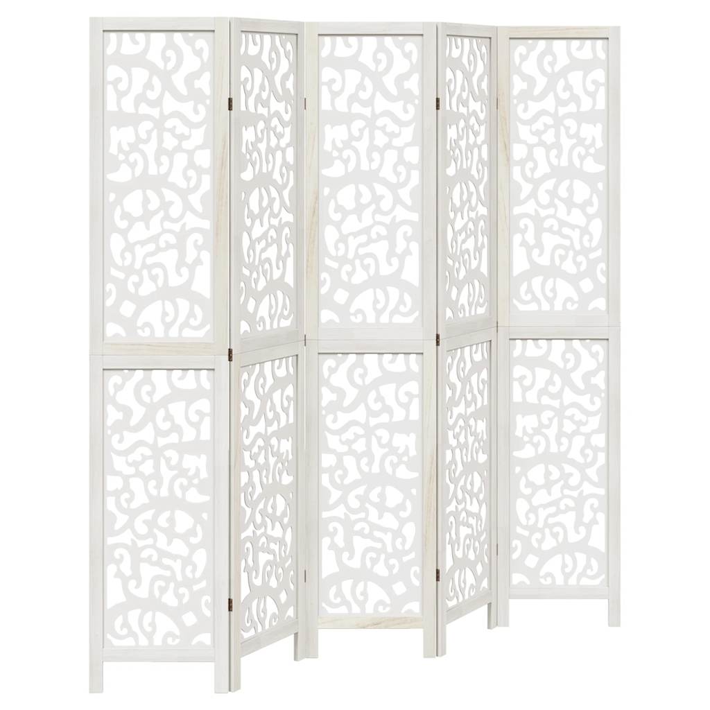 White Solid Wood 5-Panel Room Divider - Paulownia Elegance