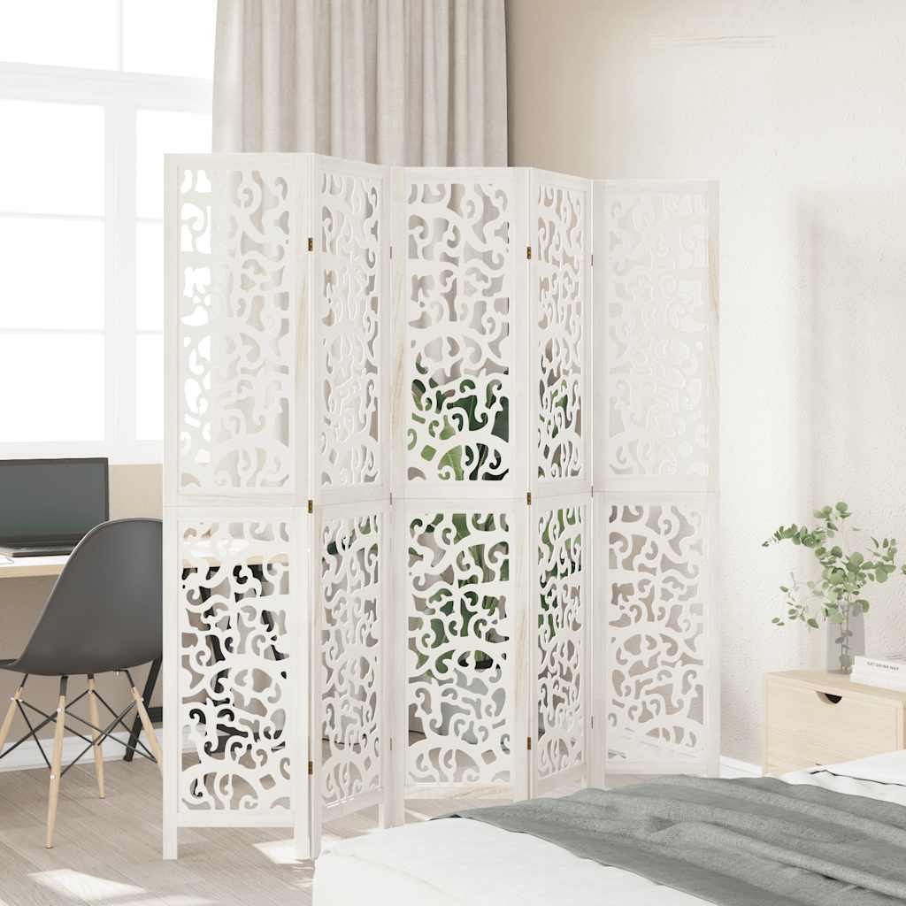 White Solid Wood 5-Panel Room Divider - Paulownia Elegance