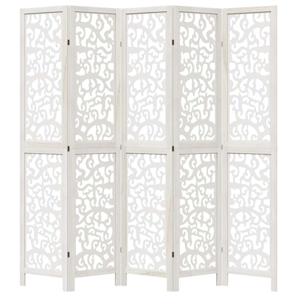 White Solid Wood 5-Panel Room Divider - Paulownia Elegance