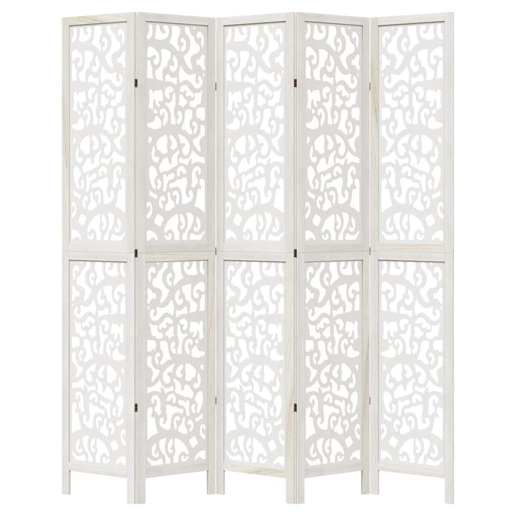 Stylish 5-Panel Room Divider in White Solid Wood Paulownia