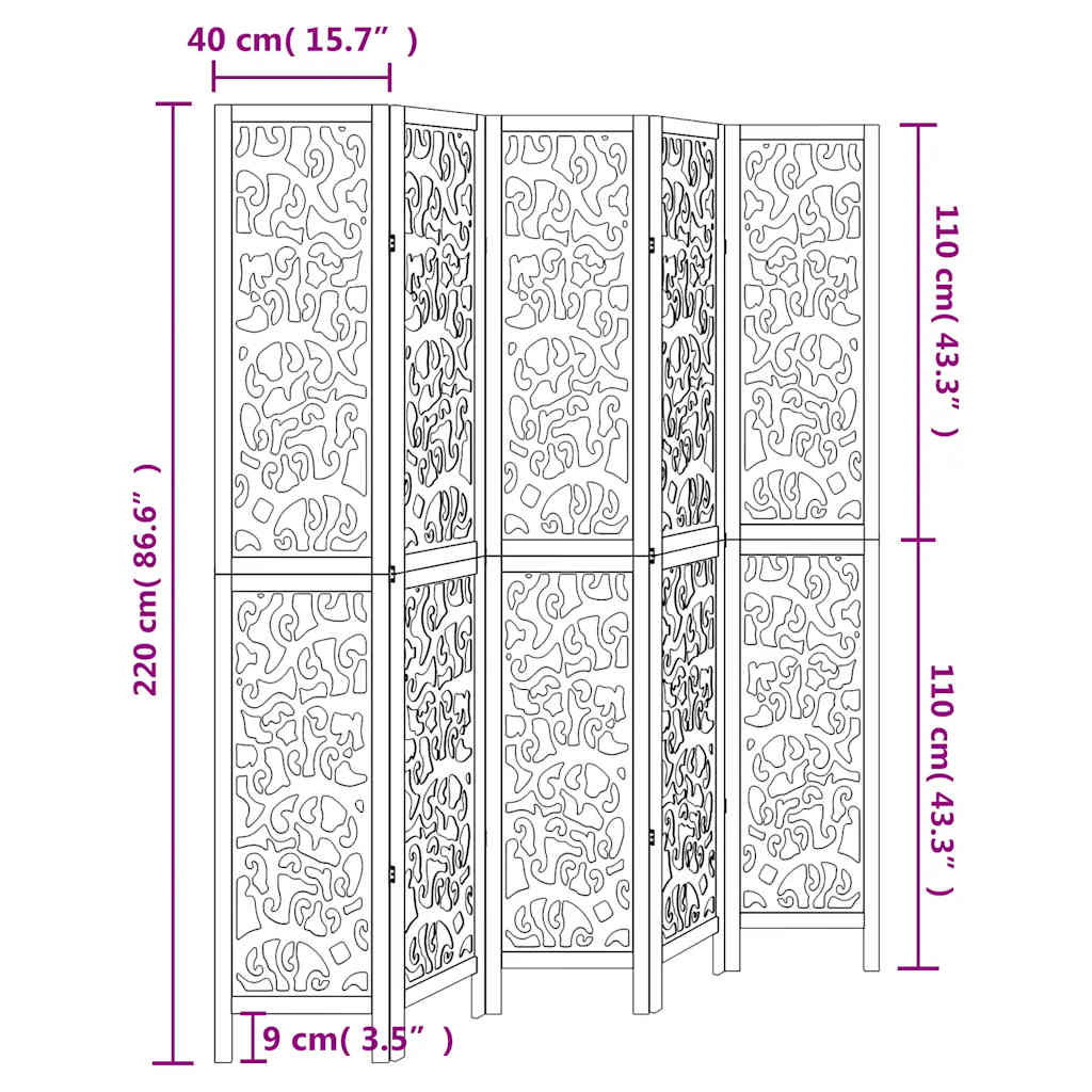 Stylish 5-Panel Room Divider in White Solid Wood Paulownia