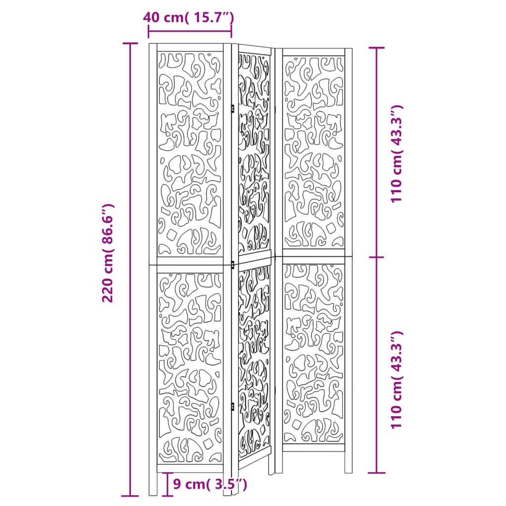 3-Panel Black Solid Wood Paulownia Room Divider