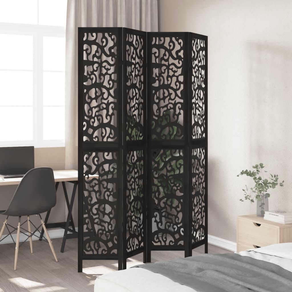 Stylish Black 4-Panel Room Divider in Solid Paulownia Wood