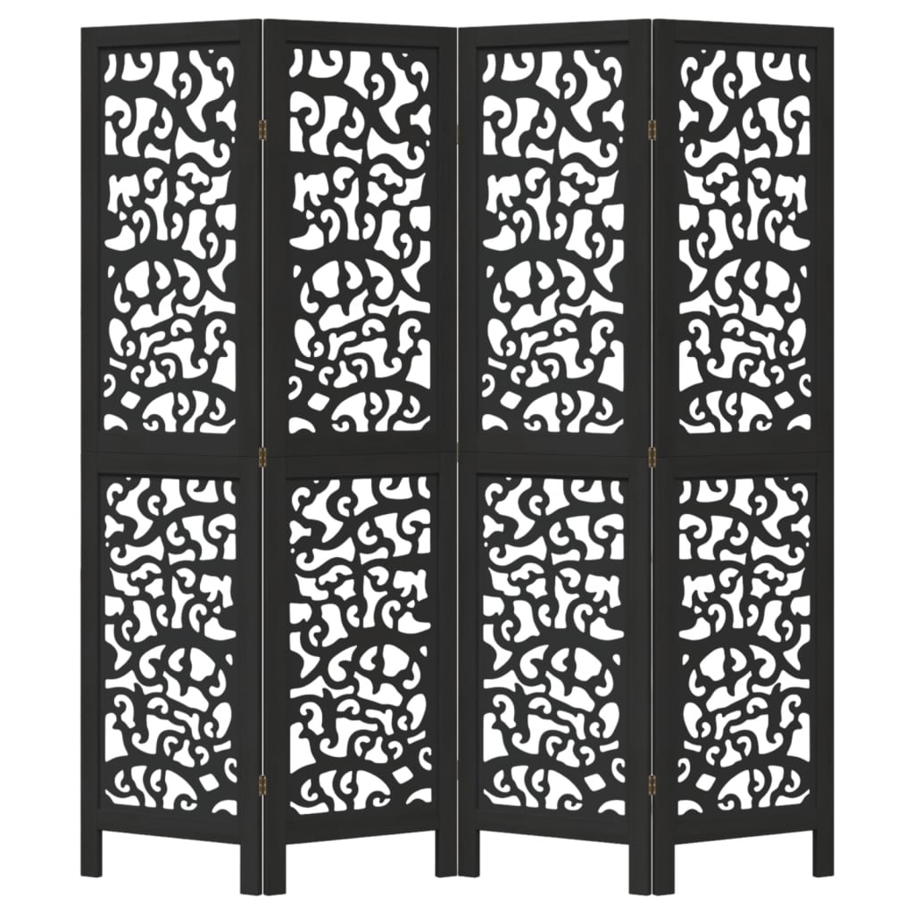 Stylish Black 4-Panel Room Divider in Solid Paulownia Wood