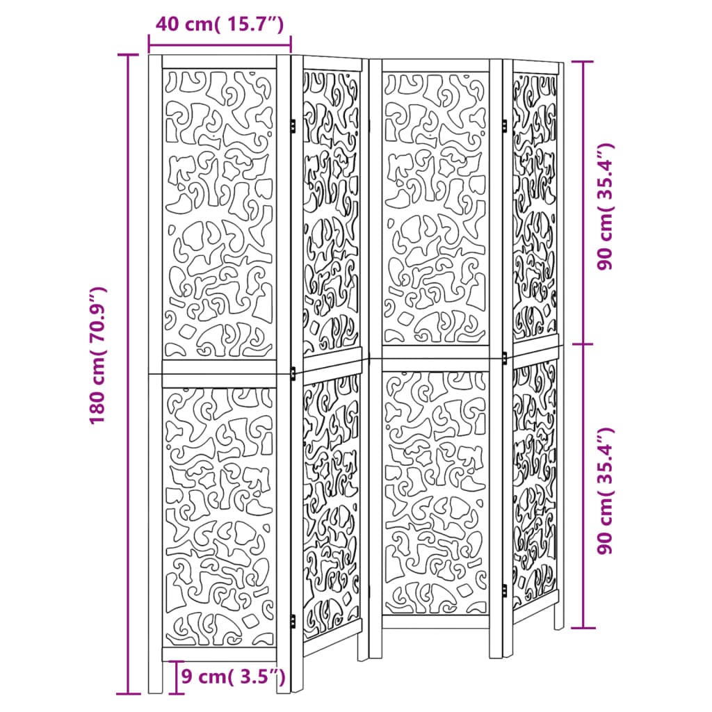 Stylish Black 4-Panel Room Divider in Solid Paulownia Wood