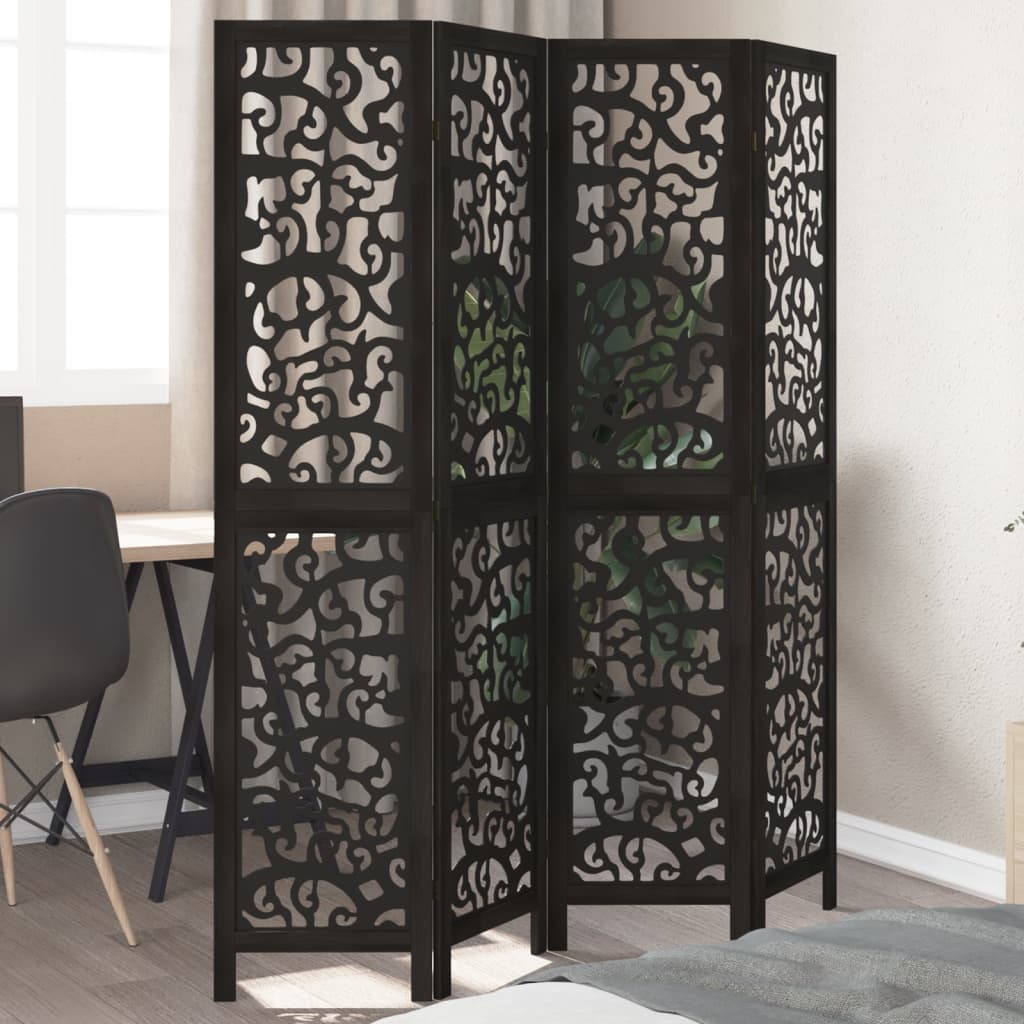 Stylish Black 4-Panel Room Divider in Solid Paulownia Wood