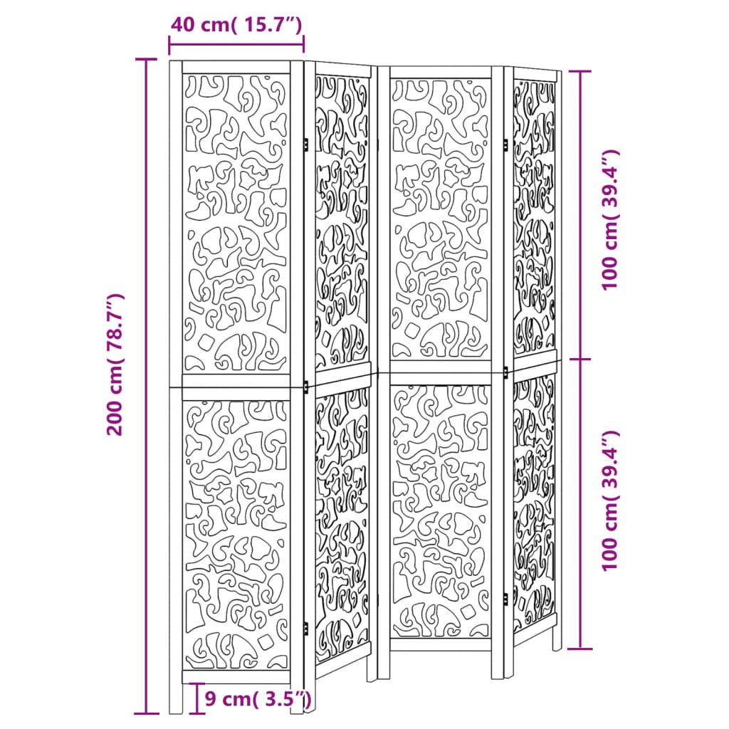 Black Solid Wood Room Divider - 4 Panels Paulownia Design