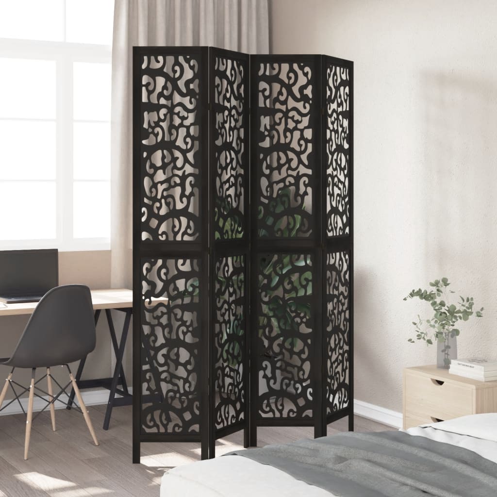 Elegant Black 4-Panel Room Divider in Solid Paulownia Wood