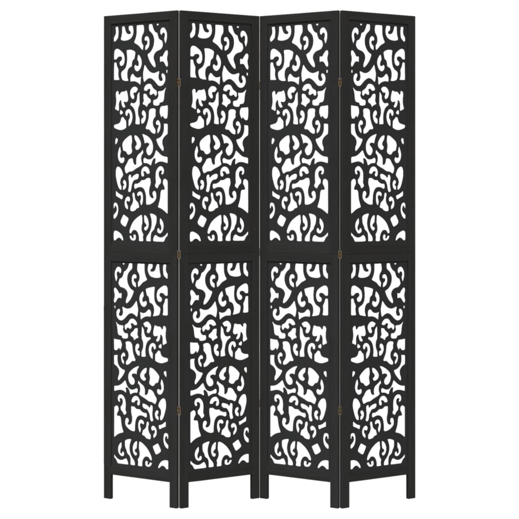 Elegant Black 4-Panel Room Divider in Solid Paulownia Wood
