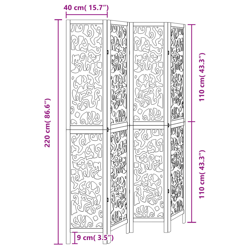 Elegant Black 4-Panel Room Divider in Solid Paulownia Wood