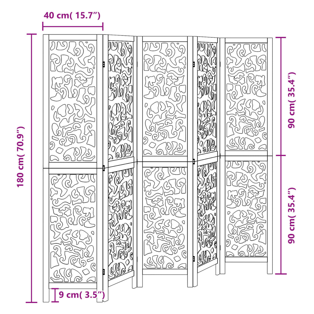 Room Divider 5 Panels Black Solid Wood Paulownia