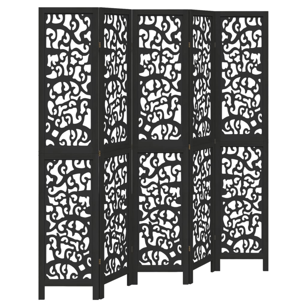 Black Solid Wood 5-Panel Room Divider - Paulownia Elegance