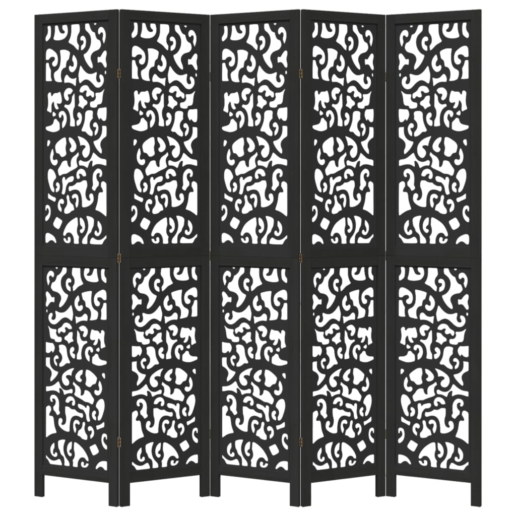 Black Solid Wood 5-Panel Room Divider - Paulownia Elegance