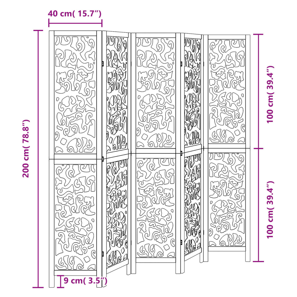 Black Solid Wood 5-Panel Room Divider - Paulownia Elegance