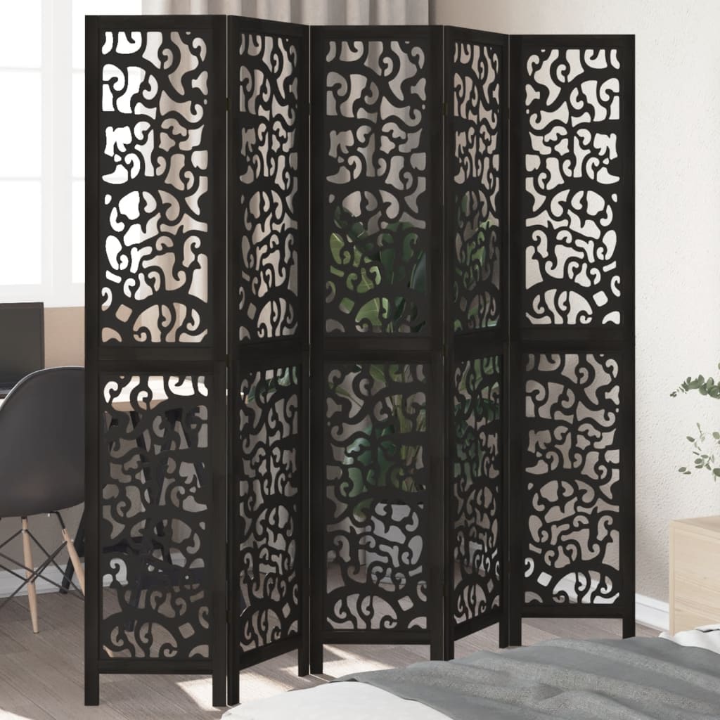 Black Solid Wood 5-Panel Room Divider - Paulownia Elegance
