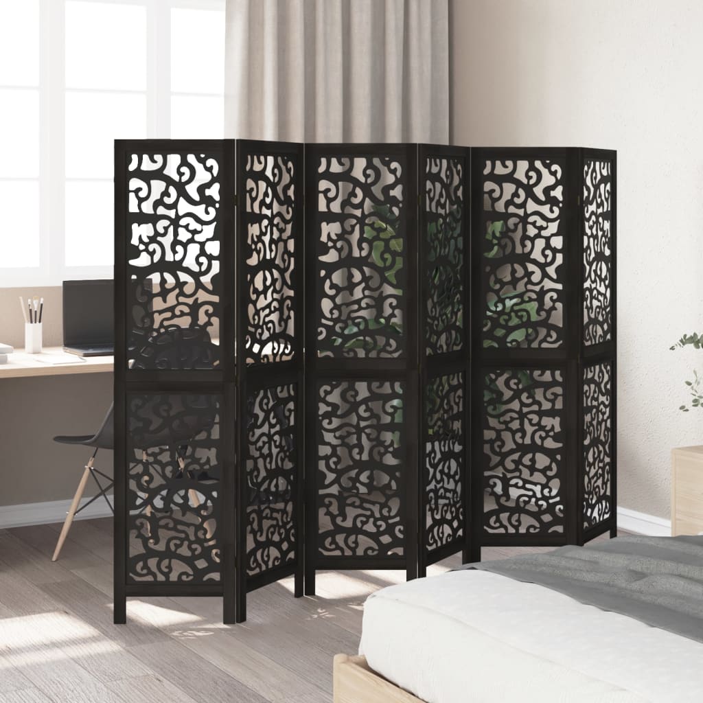 Black Solid Wood Room Divider - 6 Panels, Paulownia Material