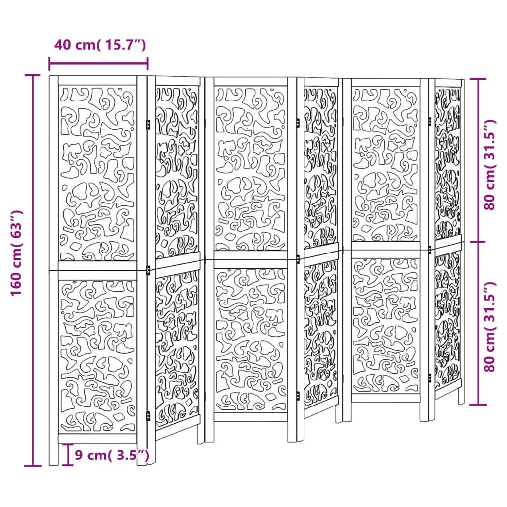 Black Solid Wood Room Divider - 6 Panels, Paulownia Material