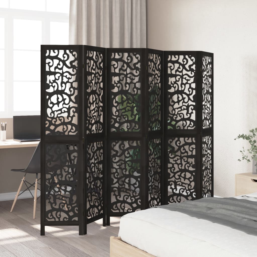 Black Solid Wood Room Divider - 6 Panels - Paulownia Wood