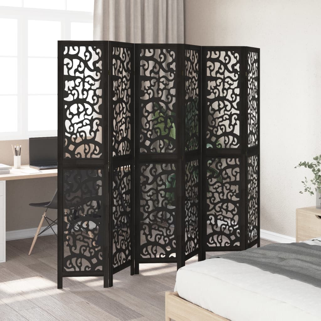 6-Panel Black Solid Wood Room Divider - Paulownia Elegance