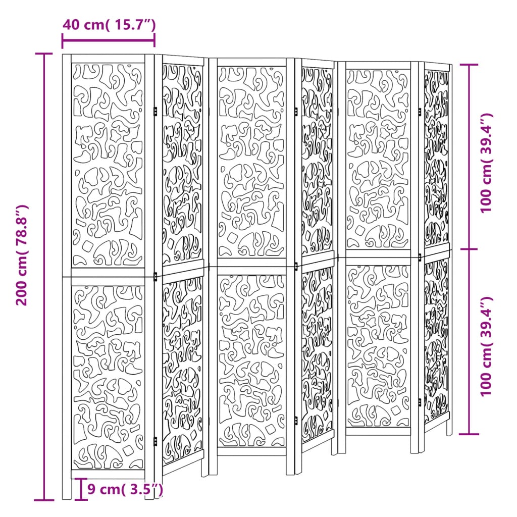 6-Panel Black Solid Wood Room Divider - Paulownia Elegance